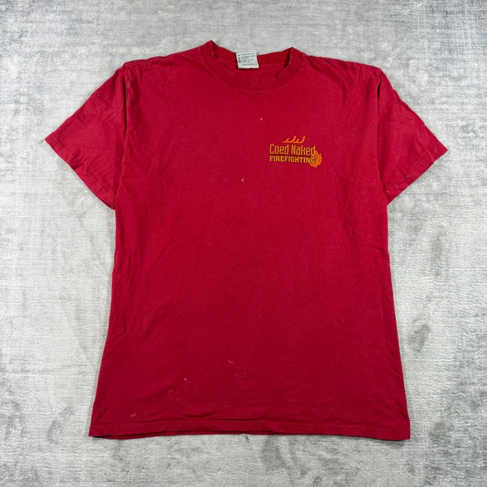 Vintage Firefighting Shirt Mens Large Red Coed Naked Novelty 90s Funny